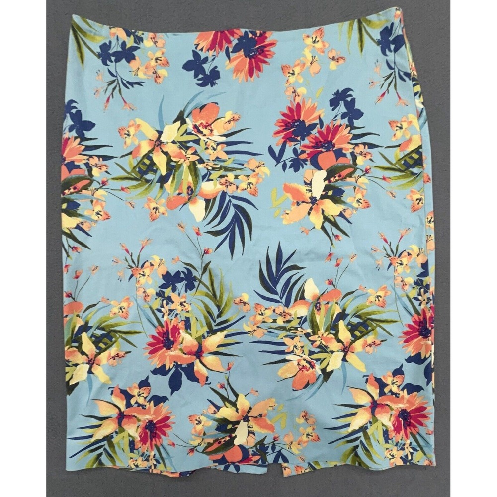 Talbots Skirt 12 Blue Foral Cotton Stretch Knee Length Preppy Casual Work Career